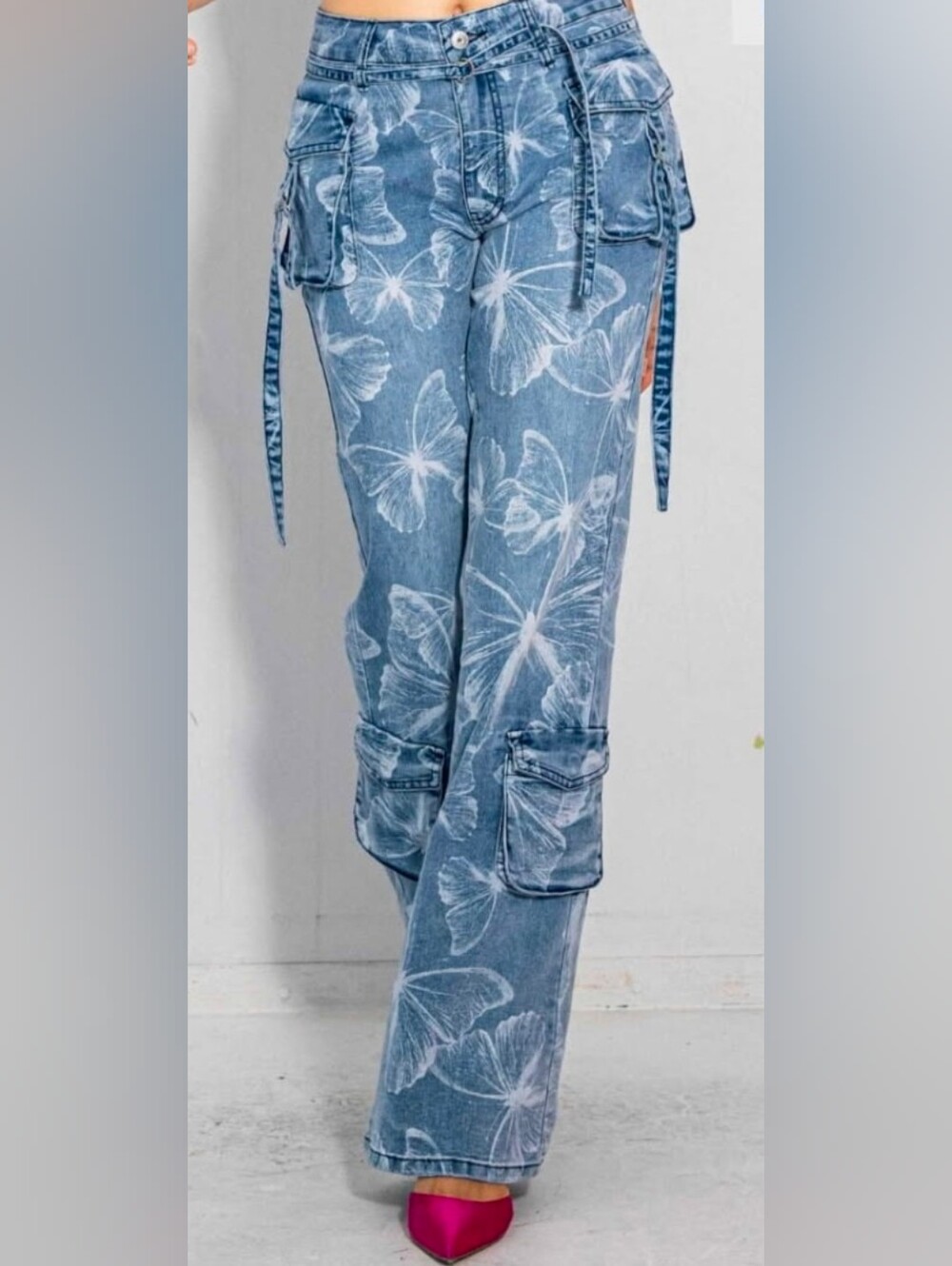 Vibrant New Blue Cargo Butterfly-Print Women's Jeans